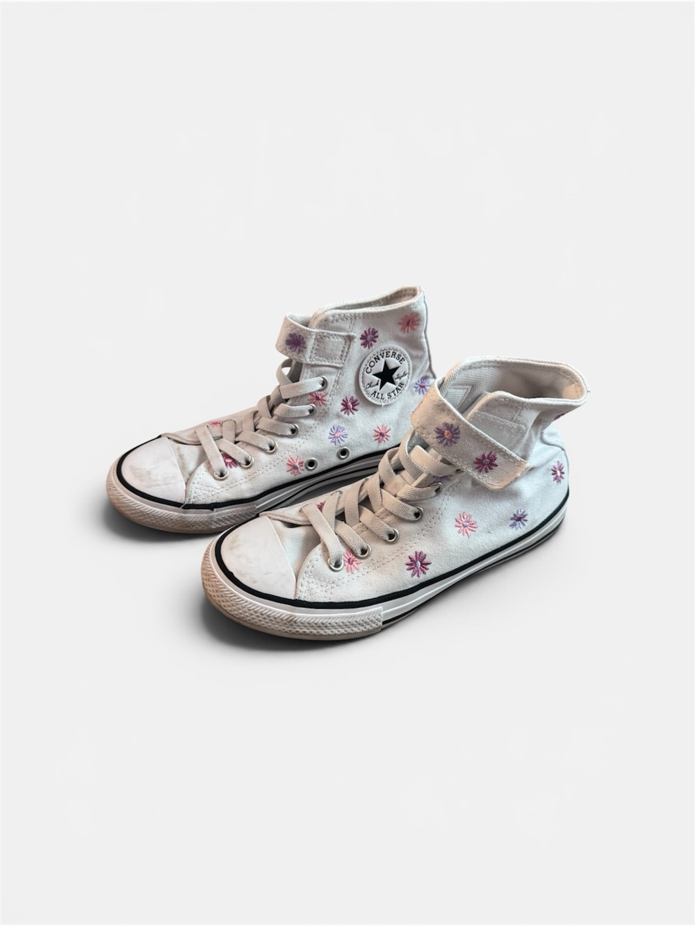 Converse Kids White High-Top Sneakers with Pink & Purple Flower Accents, Size 3